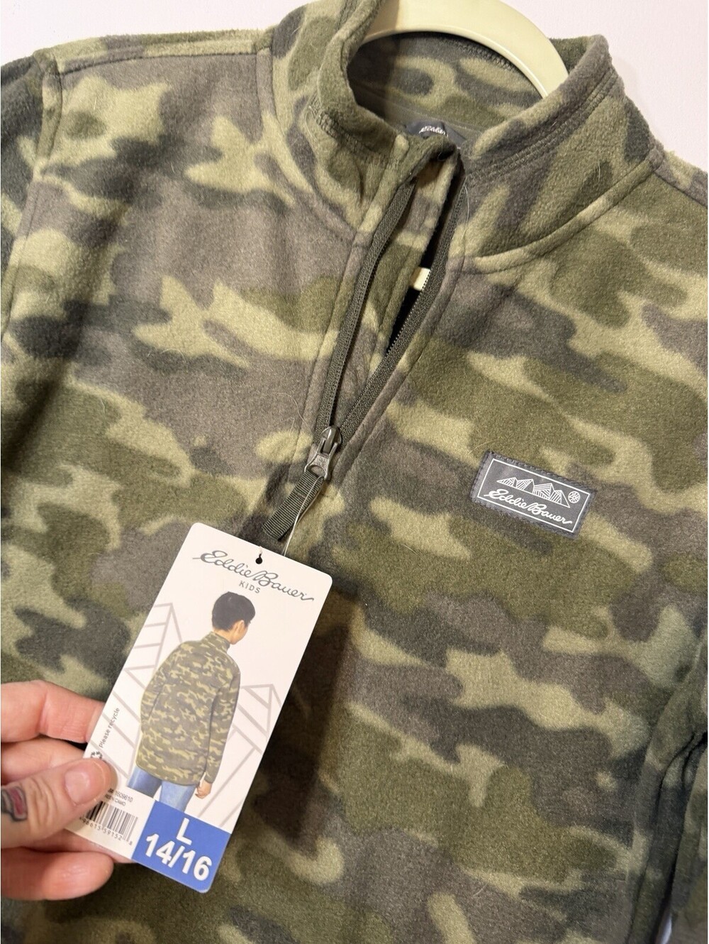 NWT Eddie Bauer Kids 14/ 16 Quest Fleece Camo 1/4 Zip Pullover Jacket Green Boys